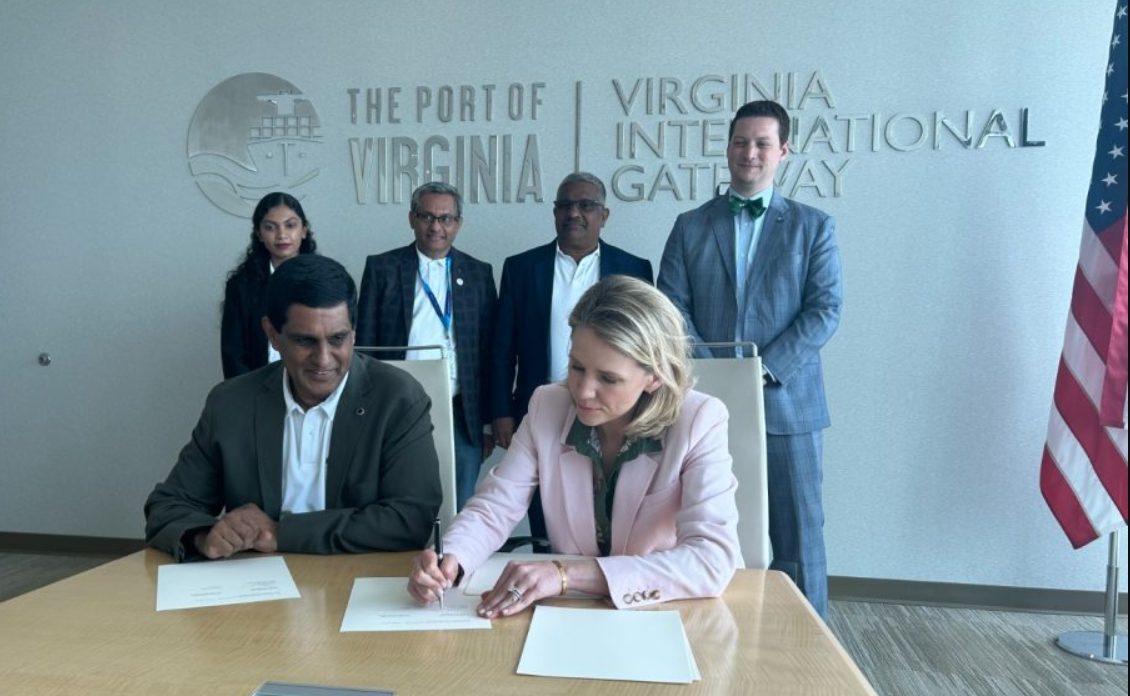 Front seated: L/R Mr. Keith Bernard, Chairman SLPA, Ms. Sarah J. McCoy General Council for VPA.  Back Row L/R Ms. Tharushini Suriyaarachchi, Programme Assistant, The Colombo Plan; Mr. Rohan Masakorala, Lead Consultant – Port of Colombo Capacity Building Project, The Colombo Plan; Mr. K.D S Ruwanchandra Secretary to the Ministry of Ports Shipping and Aviation Sri Lanka; Mr. Andrew M. Sinclair Director Federal Government Affairs VPA.